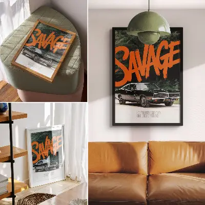 Kunstdruck auf Leinwand klassisches Auto mit orangefarbenen Schriftzügen im Naturmotiv