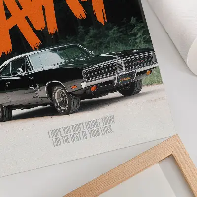 Kunstdruck auf Leinwand klassisches Auto mit orangefarbenen Schriftzügen im Naturmotiv