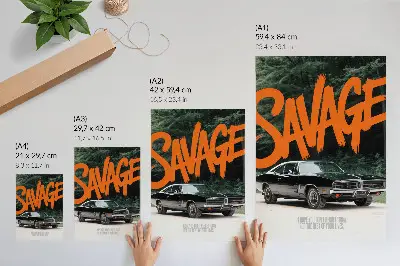Kunstdruck auf Leinwand klassisches Auto mit orangefarbenen Schriftzügen im Naturmotiv
