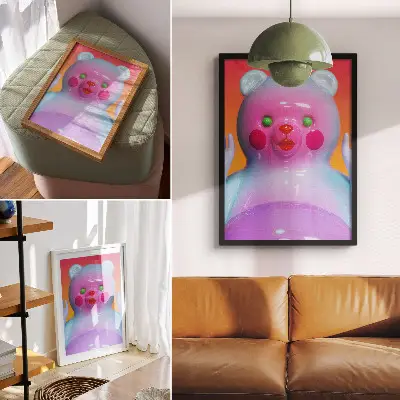 Kunstdruck auf Leinwand bunter Teddybär in leuchtenden Farben als moderne Komposition