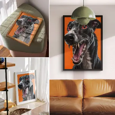 Poster schwarzes Fell vor orangefarbenem Hintergrund mit ausdrucksstarken Details