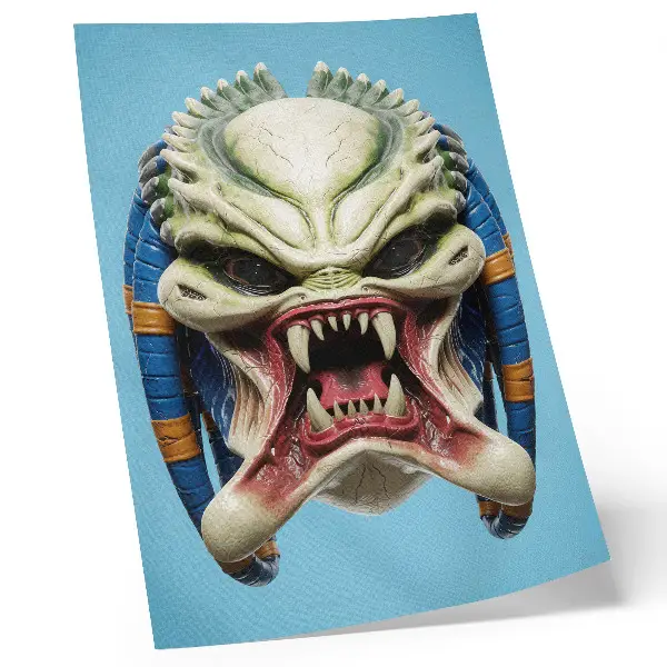 Wandposter mit einer auffälligen Monstermaske in Grün und Blau