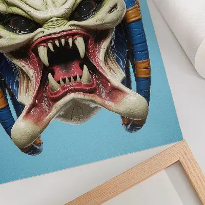 Wandposter mit einer auffälligen Monstermaske in Grün und Blau