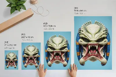 Wandposter mit einer auffälligen Monstermaske in Grün und Blau