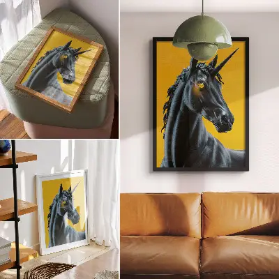Kunstdruck auf Leinwand ein magisches Einhorn auf gelbem Grund