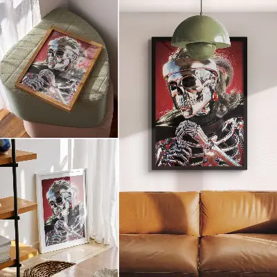 Wandposter elektrisierendes silbernes Skelett vor rotem Hintergrund