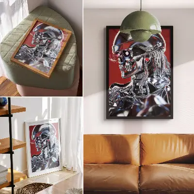 Poster mit futuristischem Charaktermotiv in Schwarz und Rot