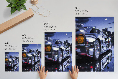 Poster Scheinwerfer eines Sportwagens in der Stadt bei Nacht
