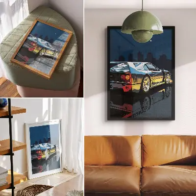 Leinwand-Kunstdruck Sportwagen in moderner Eleganz vor einer nächtlichen Stadtkulisse