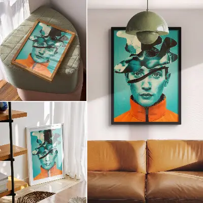 Wandposter mit surrealistischem Motiv in kontrastierenden Farben und dynamischen Formen