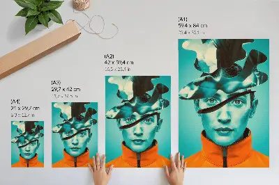 Wandposter mit surrealistischem Motiv in kontrastierenden Farben und dynamischen Formen