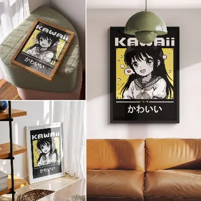 Poster im Manga-Stil mit schwarzen Linien und gelben Akzenten