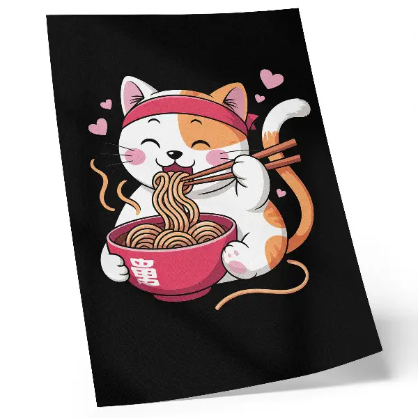 Poster mit einem entzückenden rosa Kätzchen, das Nudeln isst