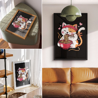 Poster Ein entzückendes rosa Kätzchen isst Nudeln.