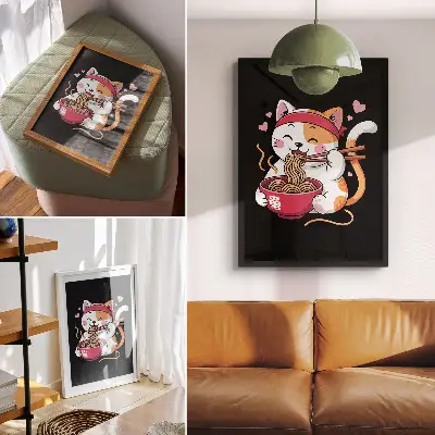 Poster mit einem entzückenden rosa Kätzchen, das Nudeln isst
