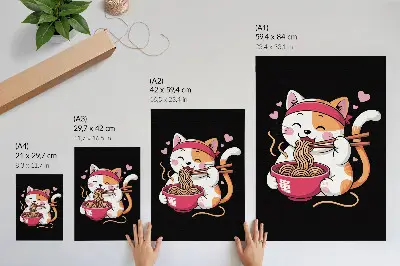 Poster mit einem entzückenden rosa Kätzchen, das Nudeln isst