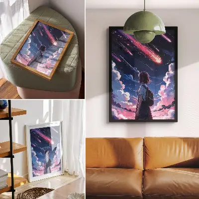 Wandposter mit dem Motiv einer magischen Sternschnuppen-Szenerie am Nachthimmel