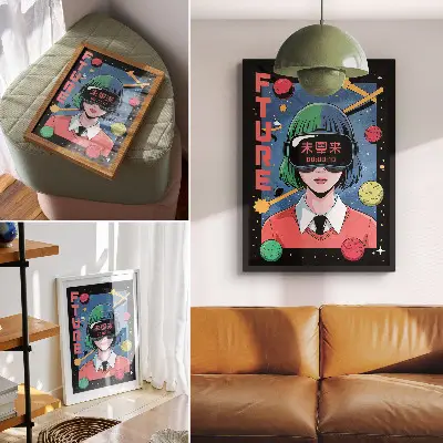Leinwand-Kunstdruck mit modernem Weltraum- und VR-Frauenmotiv