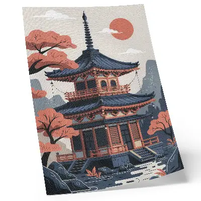 Wandposter japanischer Tempel in Pastellfarben mit Bäumen und Bergen für eine friedliche Atmosphäre