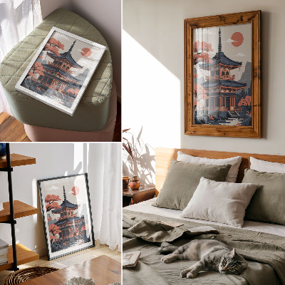 Wandposter Japanischer Tempel in Pastellfarben, Bäume, Berge, Frieden