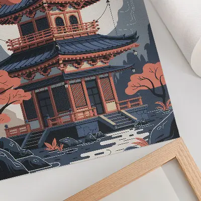 Wandposter japanischer Tempel in Pastellfarben mit Bäumen und Bergen für eine friedliche Atmosphäre