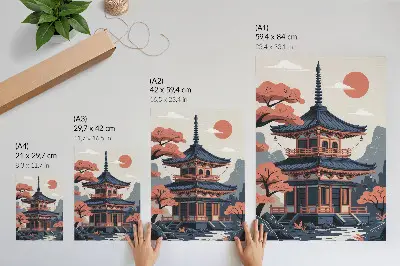 Wandposter japanischer Tempel in Pastellfarben mit Bäumen und Bergen für eine friedliche Atmosphäre