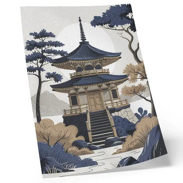 Wandposter mit Motiv von Pagode, Baum und Berg für Frieden und Harmonie