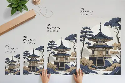 Wandposter mit Motiv von Pagode, Baum und Berg für Frieden und Harmonie