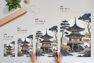 Wandposter Pagode, Baum, Berg, Frieden, Harmonie