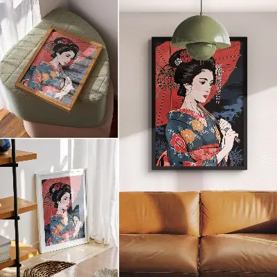 Poster japanischer Regenschirm für Frauen bei farbenfroher Nacht