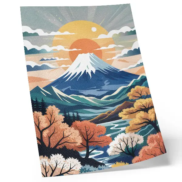 Kunstdruck auf Leinwand schneebedeckte Berge mit farbenprächtigem Wald bei Sonnenuntergang