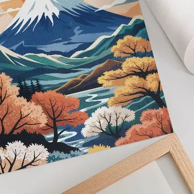 Kunstdruck auf Leinwand schneebedeckte Berge mit farbenprächtigem Wald bei Sonnenuntergang