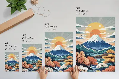 Kunstdruck auf Leinwand schneebedeckte Berge mit farbenprächtigem Wald bei Sonnenuntergang