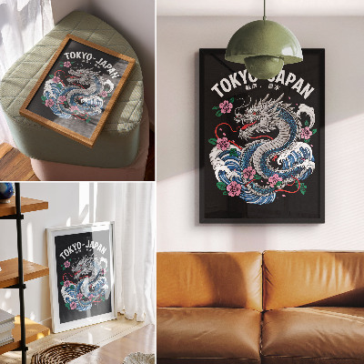 Wandposter Ein Drache inmitten von Blumen und Wellen, eine dynamische Komposition