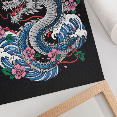 Wandposter Ein Drache inmitten von Blumen und Wellen, eine dynamische Komposition