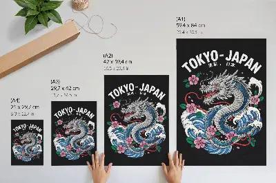 Wandposter ein Drache inmitten von Blumen und Wellen in einer dynamischen Komposition