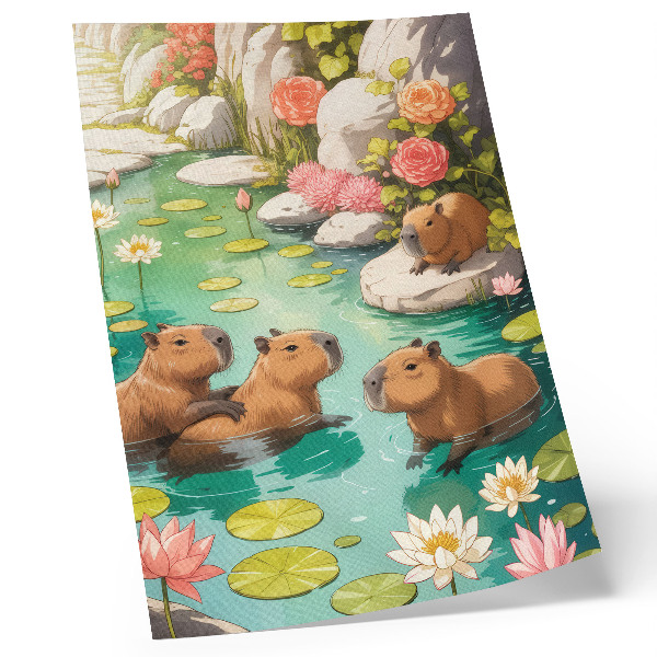 Poster Wasserschweine im Teich, Blumen, Harmonie der Natur