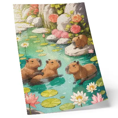 Poster Wasserschweine im Teich mit Blumen in harmonischer Natur