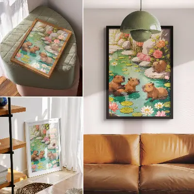 Poster Wasserschweine im Teich mit Blumen in harmonischer Natur