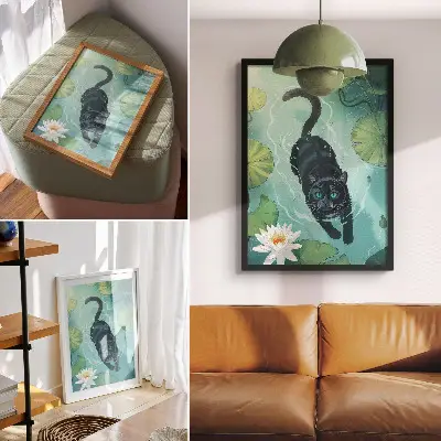Kunstdruck auf Leinwand Katze im Wasser mit zarten Seerosenblättern