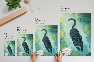 Kunstdruck leinwand Katze im Wasser, zarte Seerosenblätter