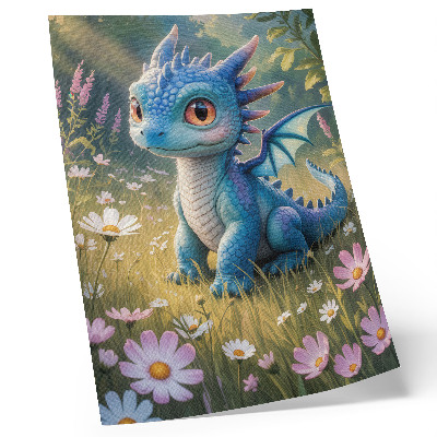 Wandposter Ein prächtiger blauer Drache zwischen Blumen