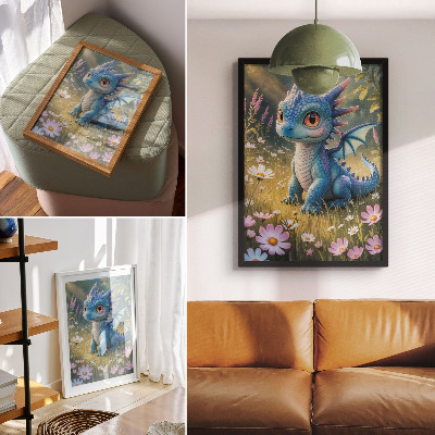 Wandposter Ein prächtiger blauer Drache zwischen Blumen