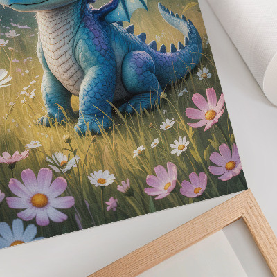 Wandposter Ein prächtiger blauer Drache zwischen Blumen
