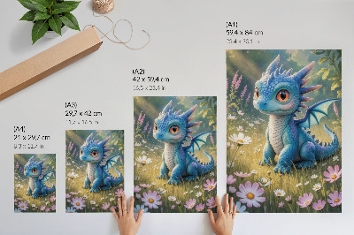 Wandposter Ein prächtiger blauer Drache zwischen Blumen