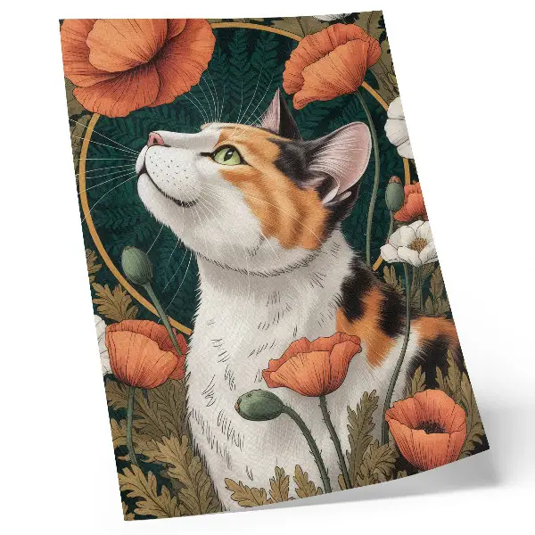 Wandposter Katze zwischen Mohnblumen im Illustrationsstil