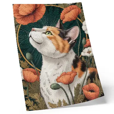 Wandposter Katze zwischen Mohnblumen im Illustrationsstil