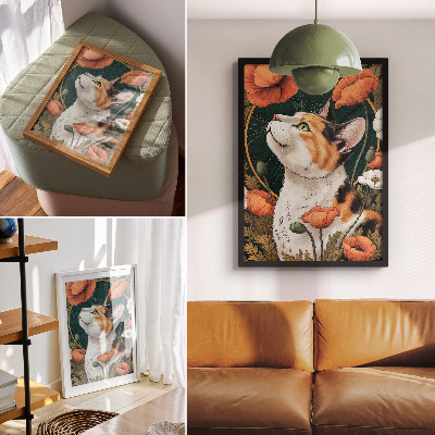 Wandposter Katze zwischen Mohnblumen, Illustrationsstil, Natur