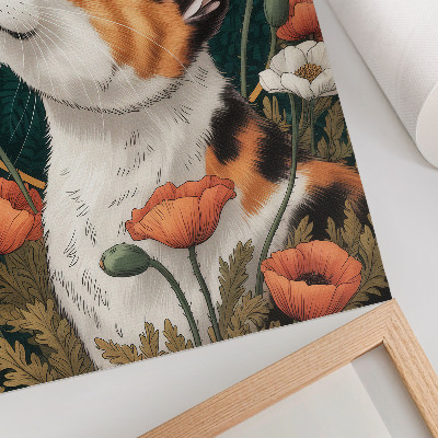 Wandposter Katze zwischen Mohnblumen, Illustrationsstil, Natur