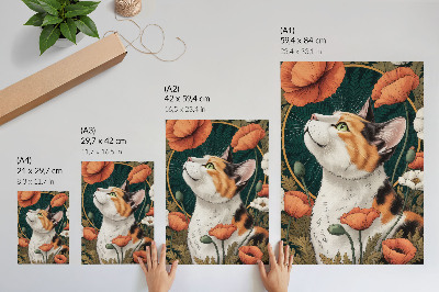 Wandposter Katze zwischen Mohnblumen, Illustrationsstil, Natur